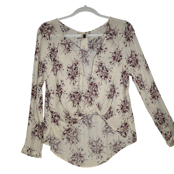 Illa Illa Blouse Womens Small Ivory Pink Floral Rolled Hem Plunge Crinkle Sheer - Picture 1 of 7